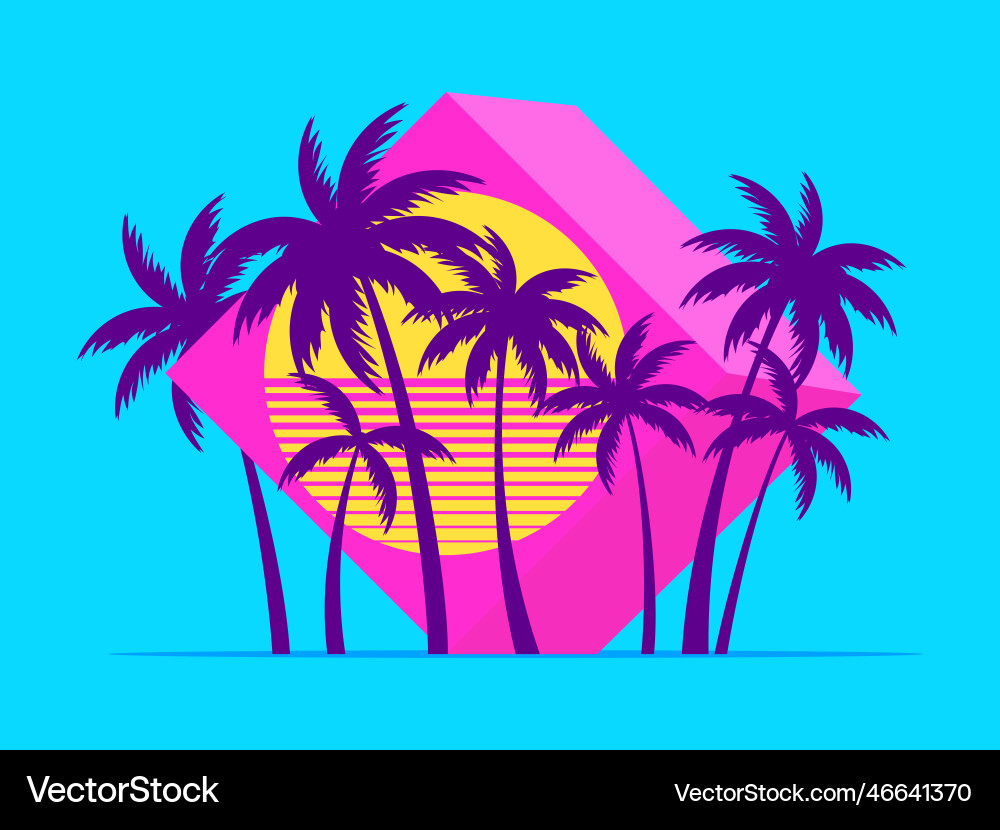3d cube with palm trees at sunset in the style 3d cube with palm trees at sunset in the style Vector Image