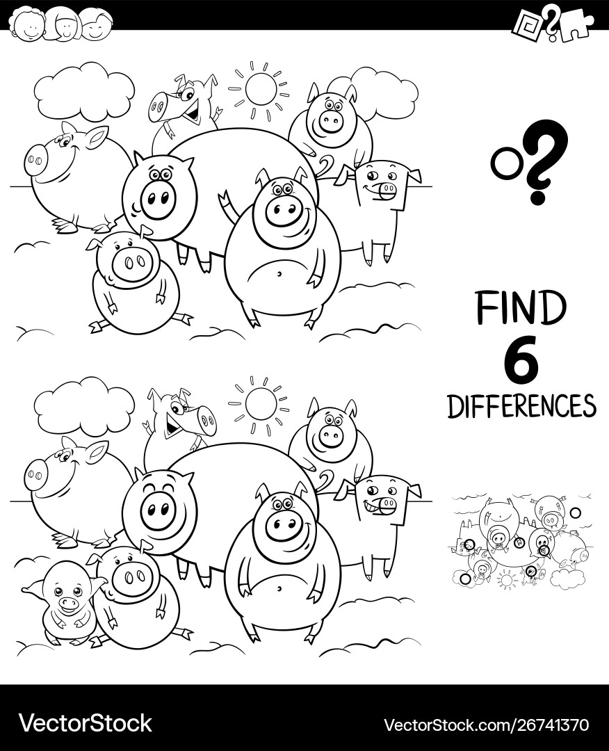 Differences color book with pigs characters Differences color book with pigs characters vector image