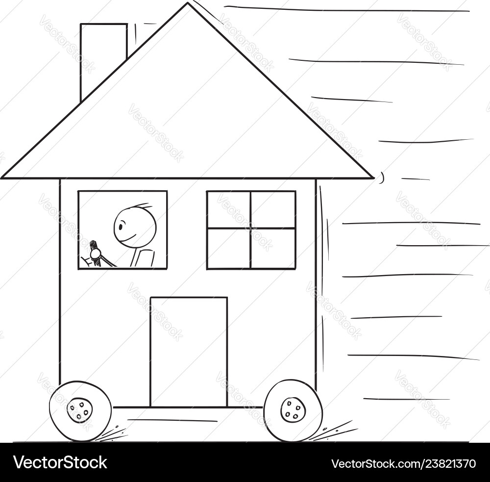 Karikatur des Mannes der das Familienhaus fährt und bewegt Karikatur des Mannes der das Familienhaus fährt und bewegt vektorbild