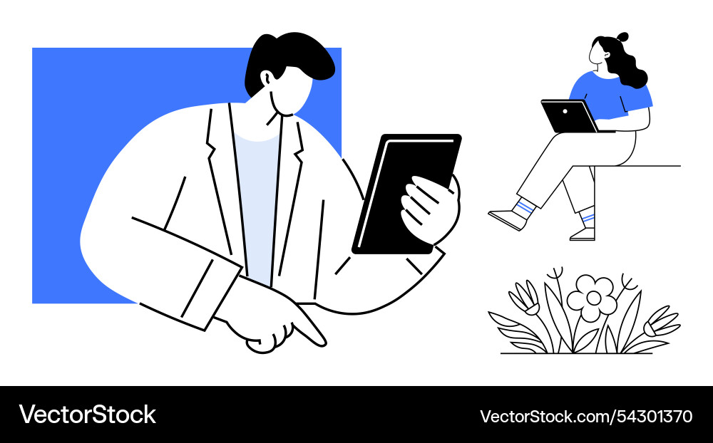 Professional man using tablet pointing at screen Professional man using tablet pointing at screen vector image