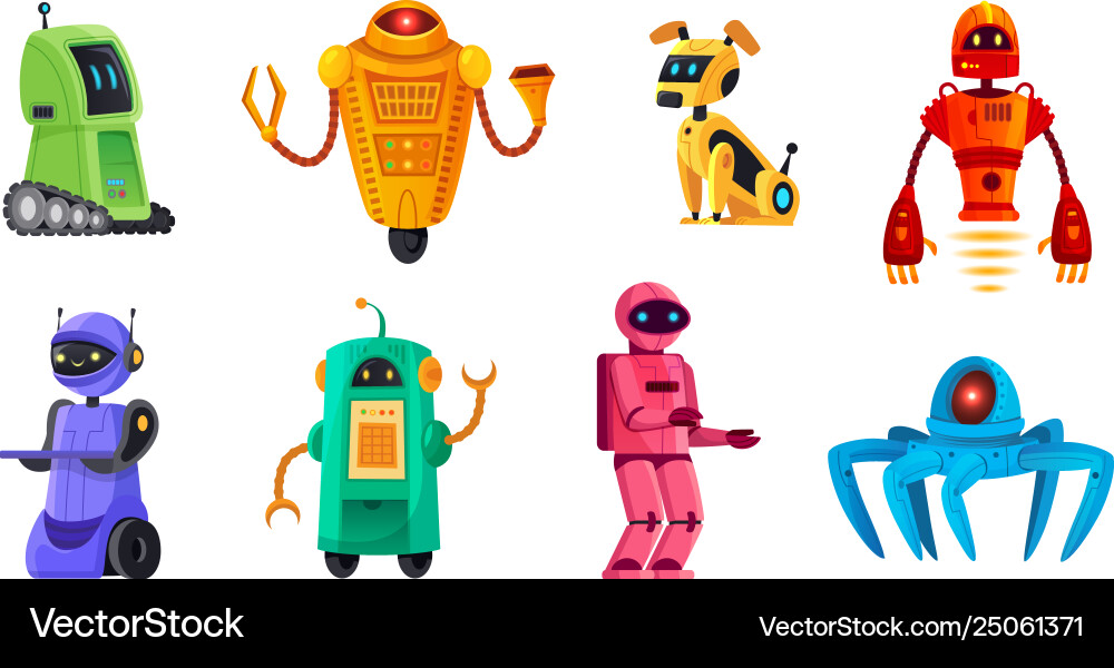 Cartoon robots robotics bots robot pet Cartoon robots robotics bots robot pet vector image