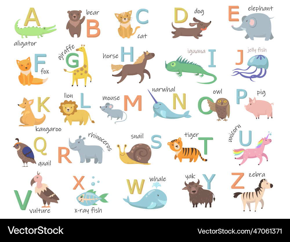 Colorful zoo alphabet with cute animals flat Colorful zoo alphabet with cute animals flat vector image