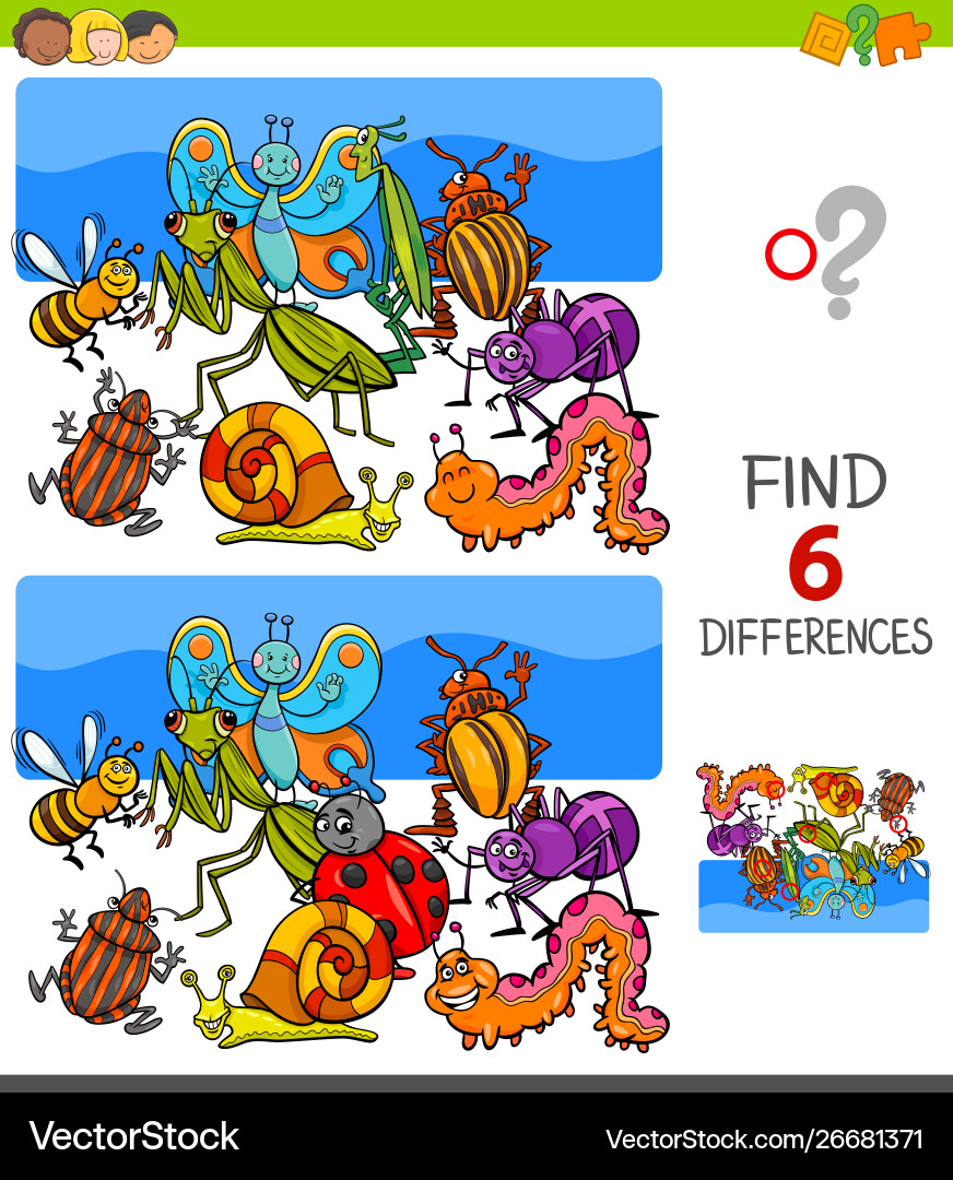 Finding differences game with insects characters Finding differences game with insects characters vector image