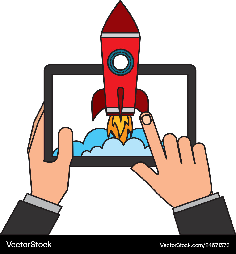 Hands with tablet device and startup rocket vector image