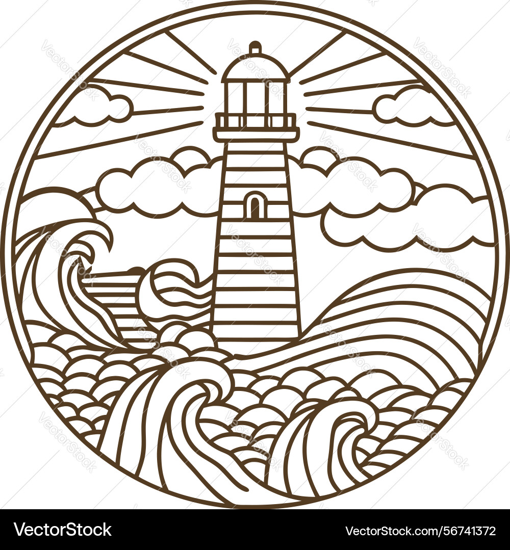 Seaside lighthouse line art with waves and clouds Seaside lighthouse line art with waves and clouds vector image