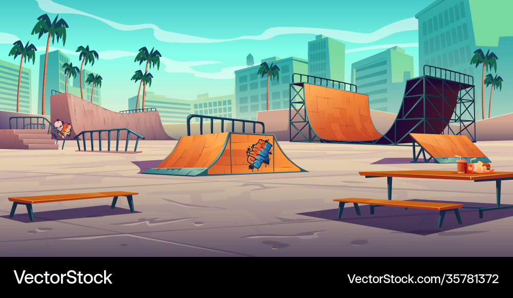 Skate park with ramps in tropical city