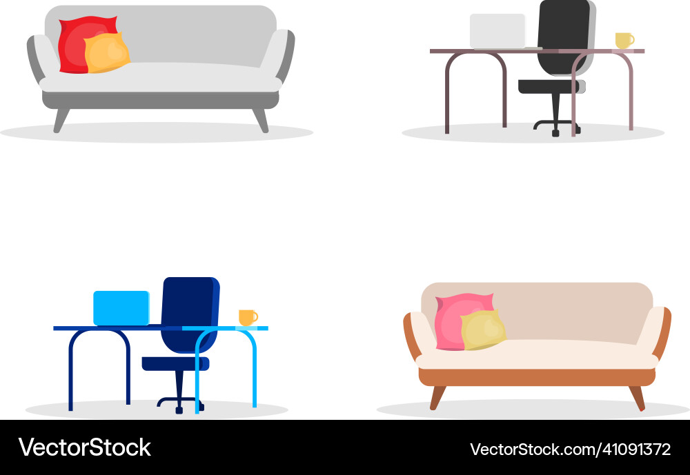 Sofa und Computertisch flache Farbobjekte Set Sofa und Computertisch flache Farbobjekte Set vektorbild