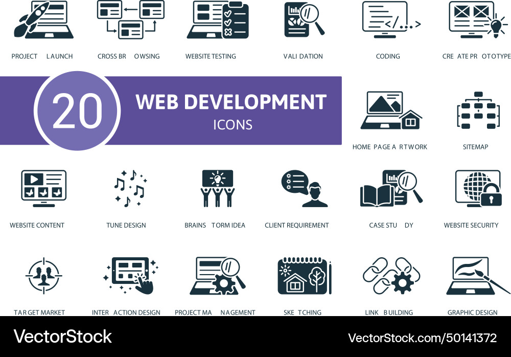 Web development set creative icons project launch Web development set creative icons project launch vector image
