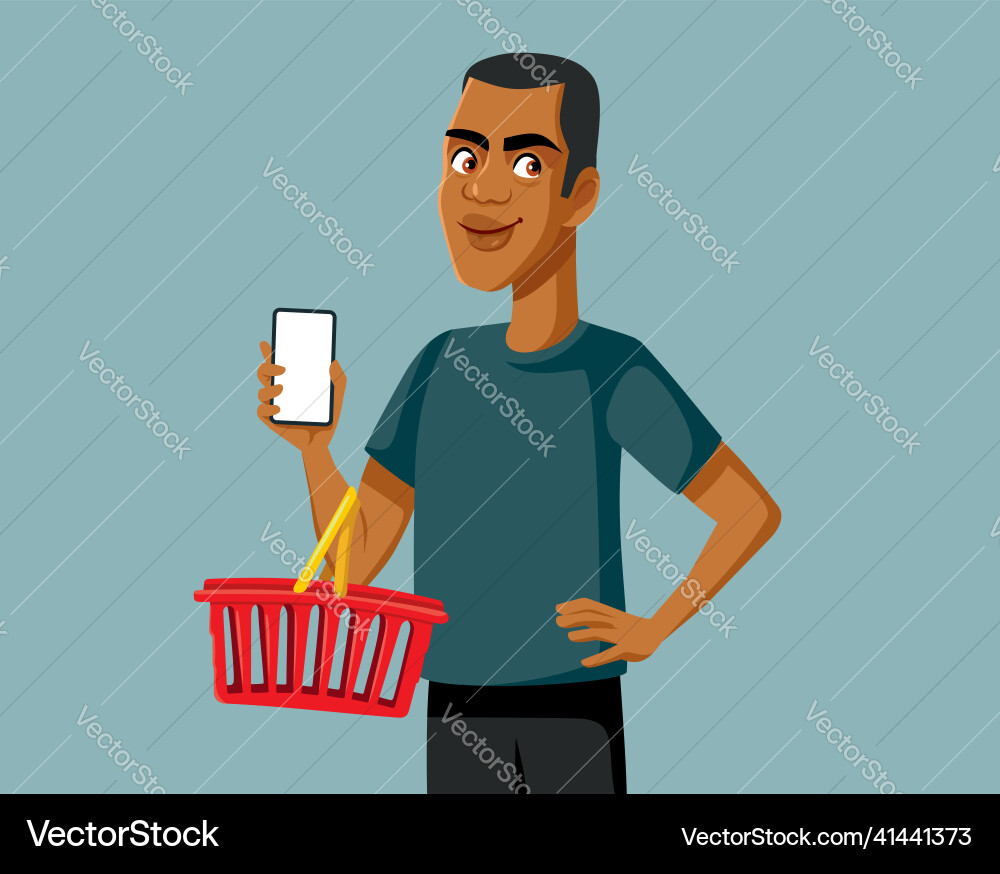 Happy customer holding smartphone and shopping Happy customer holding smartphone and shopping vector image