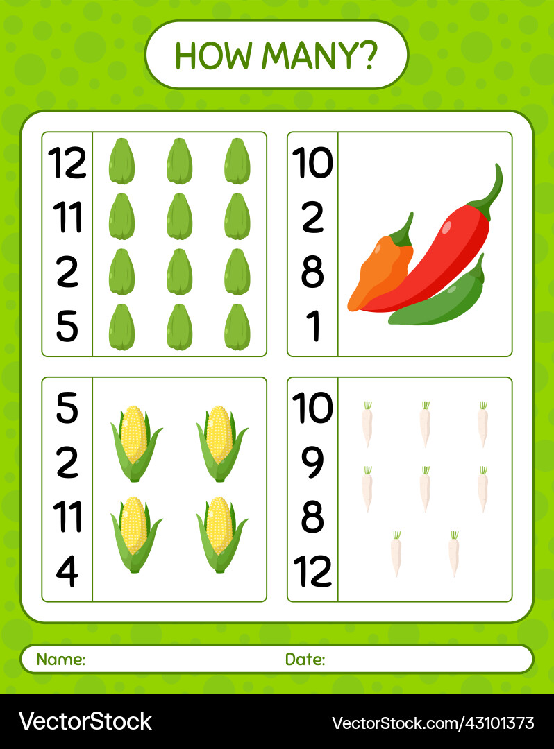 How many counting game with vegetables worksheet Vector Image