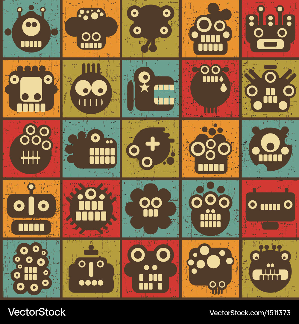 Retro Robot & Monsters Seamless Pattern Vector Image