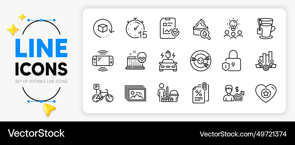 Heart timer and teamwork chart line icons Heart timer and teamwork chart line icons vector image