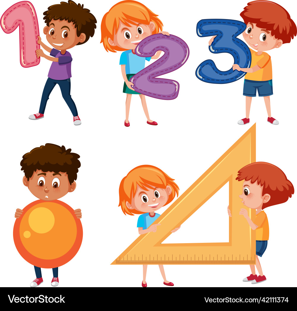 Math classroom objects with supplies and students Math classroom objects with supplies and students vector image