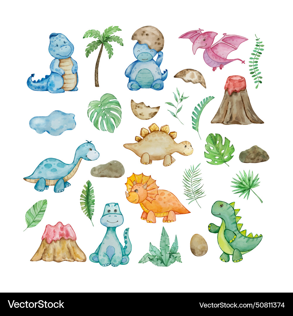 Watercolor Baby Dinosaurs Set vector image