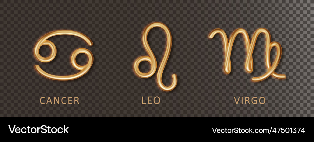 Zodiac gold signs cancer leo virgo with shadow Zodiac gold signs cancer leo virgo with shadow vector image