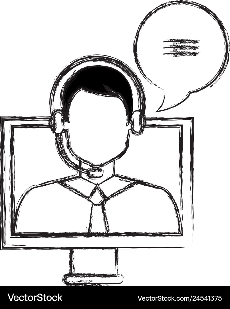 Call center agent with headset and computer vector image