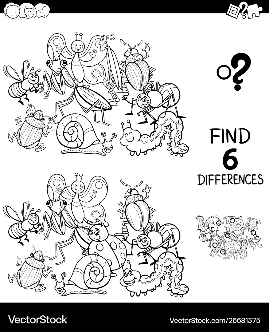 Differences color book with insect characters Vector Image