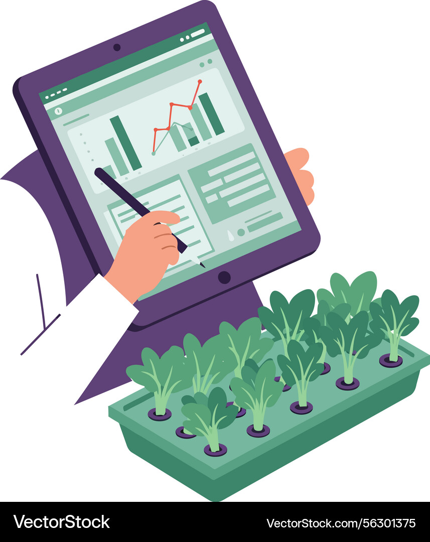 Scientist using tablet with data graphs analyzing Vector Image