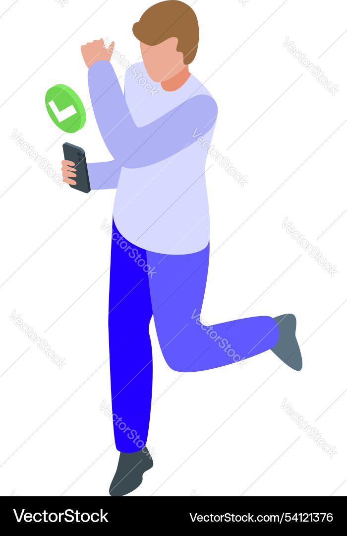 Happy man running with smartphone and check mark Happy man running with smartphone and check mark vector image