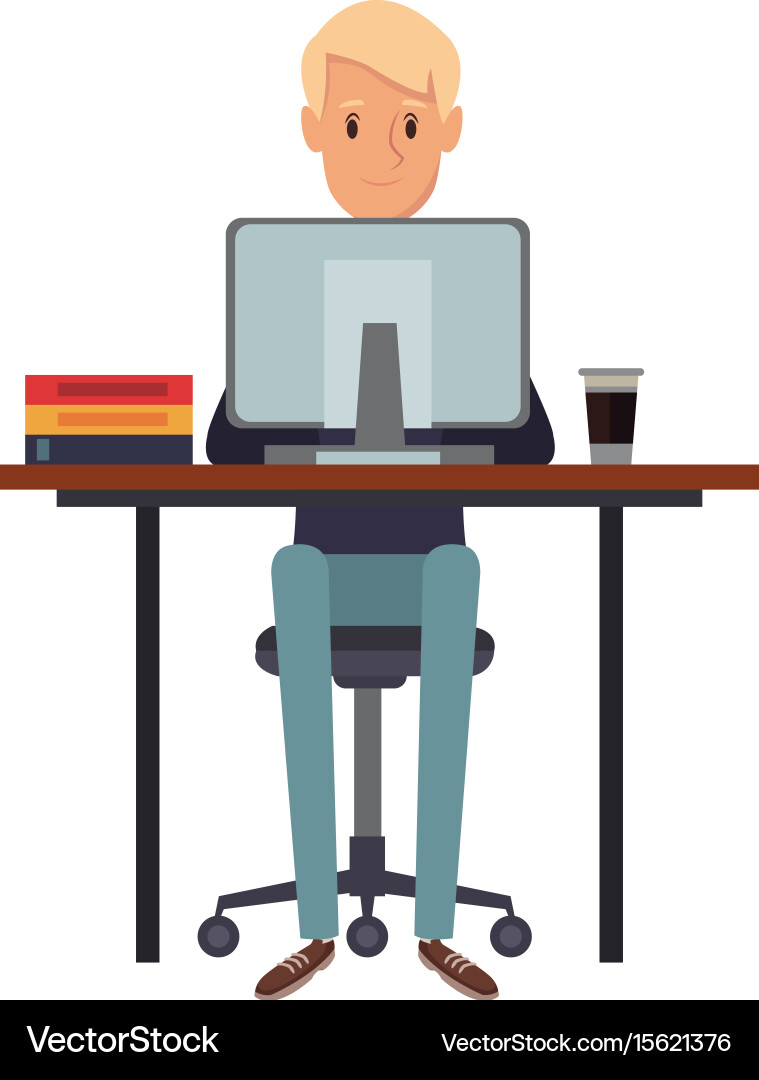 Man working sitting in desk computer work space Vector Image