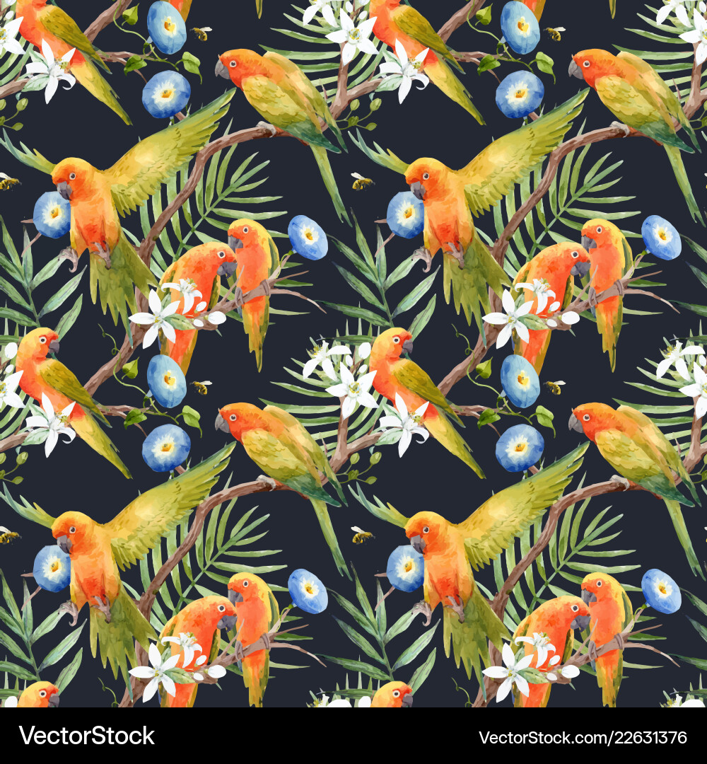 Watercolor Tropical Parrot Pattern Vector Image