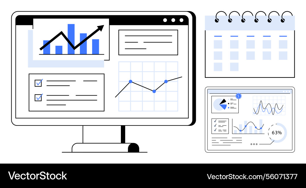 Data analysis on monitor with graphs task Data analysis on monitor with graphs task Vector Image