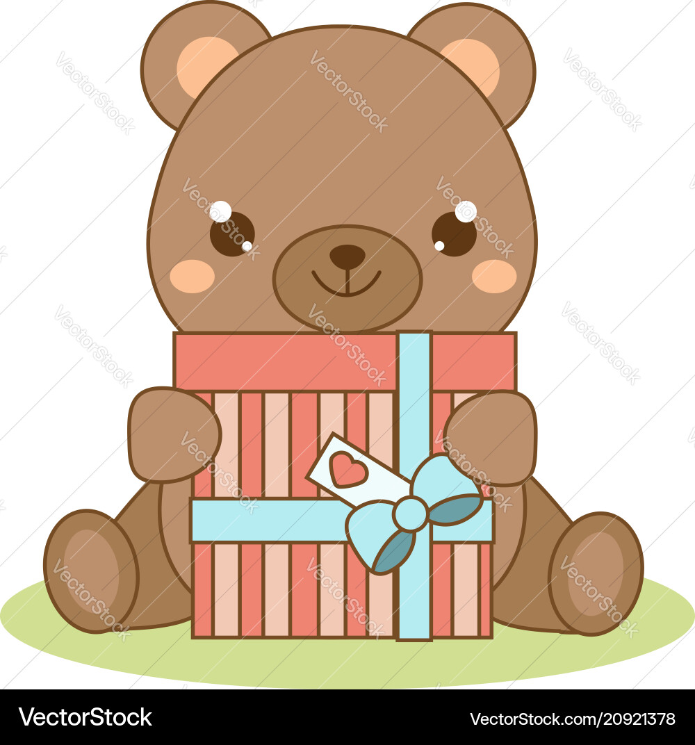 Cute teddy bear holding gift box kawaii style Cute teddy bear holding gift box kawaii style vector image