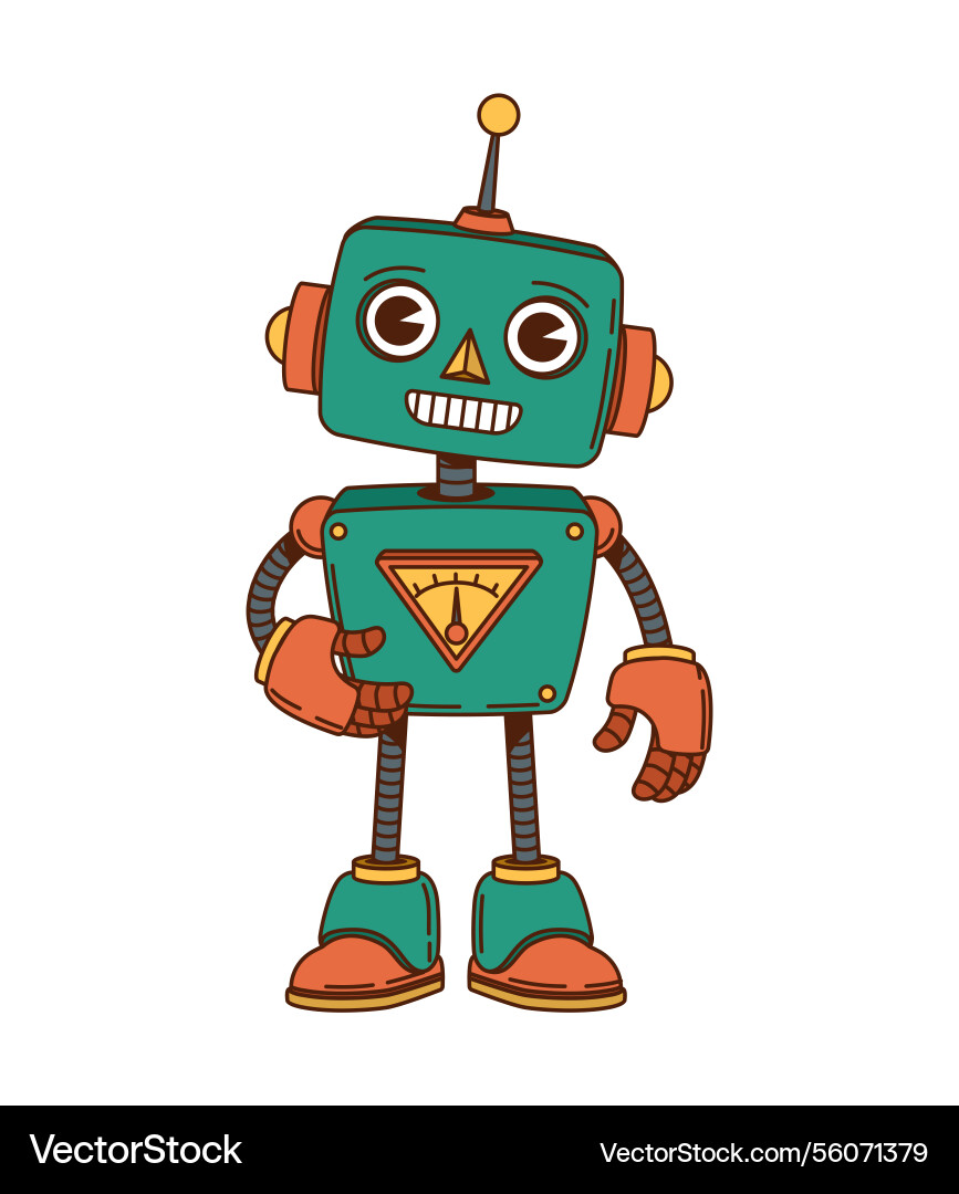 Boxy green robot and bot groovy happy character Vector Image