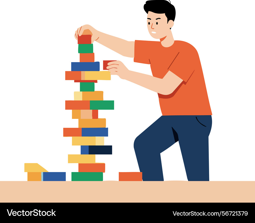 Boy playing colorful block stacking game Vector Image