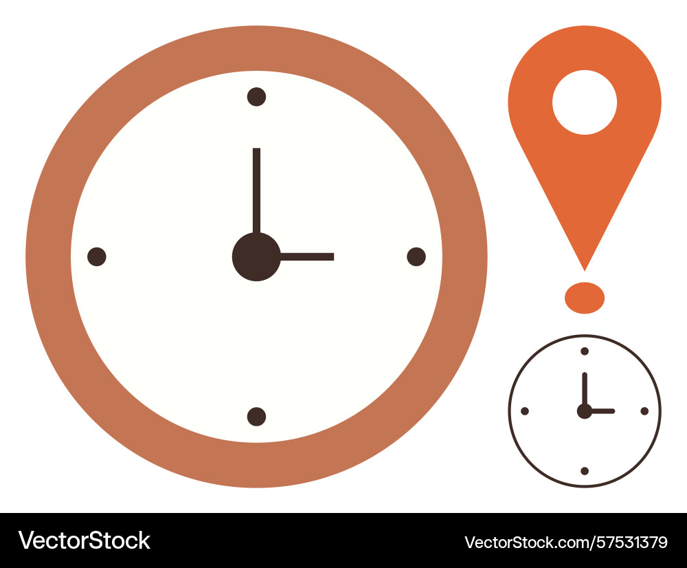 Clock with brown frame and map marker emphasizing vector image