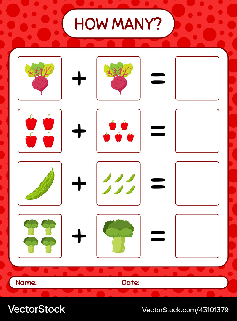 How many counting game with vegetables worksheet Vector Image