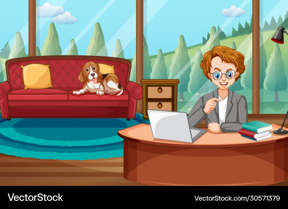 Scene with man working on computer at home Scene with man working on computer at home vector image