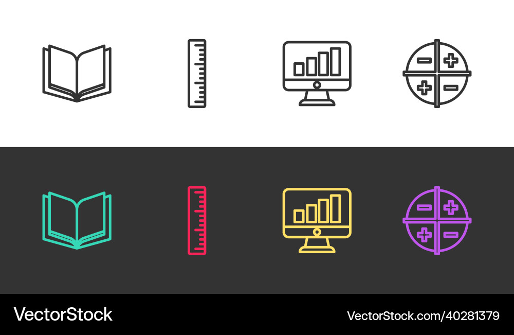 Set line open book ruler computer monitor Set line open book ruler computer monitor vector image