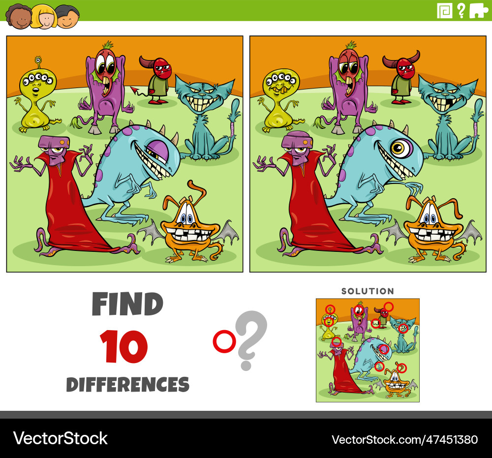 Differences activity with cartoon monsters Vector Image