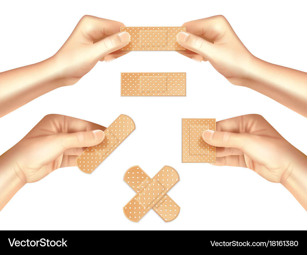 Hände halten medizinische Pflaster realistisches Set