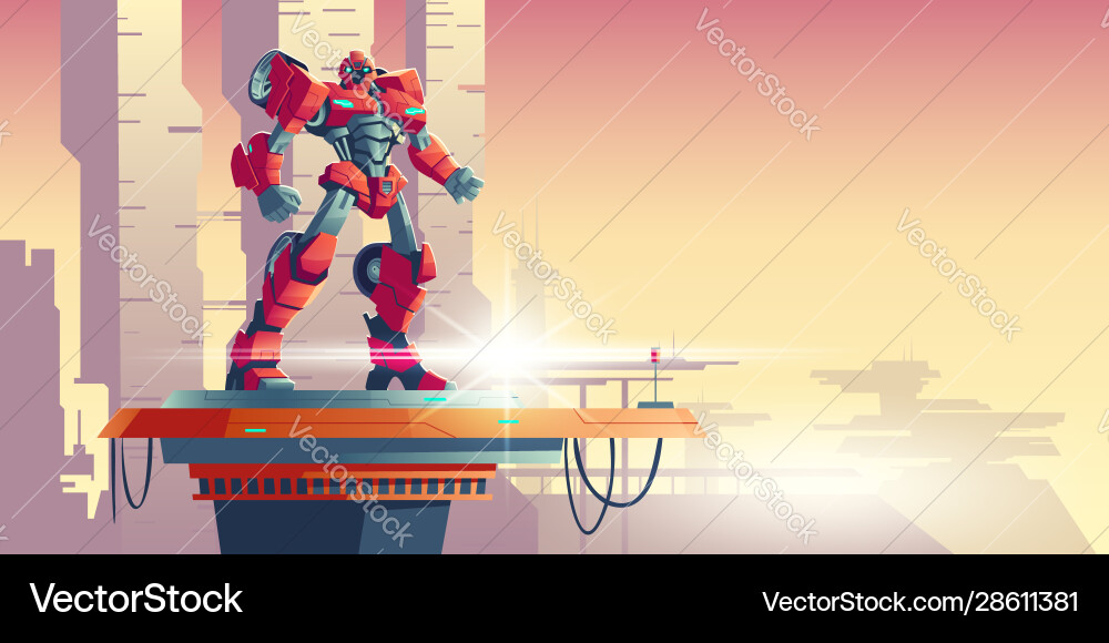 Red robot transformer alien invader on spaceship Red robot transformer alien invader on spaceship vector image