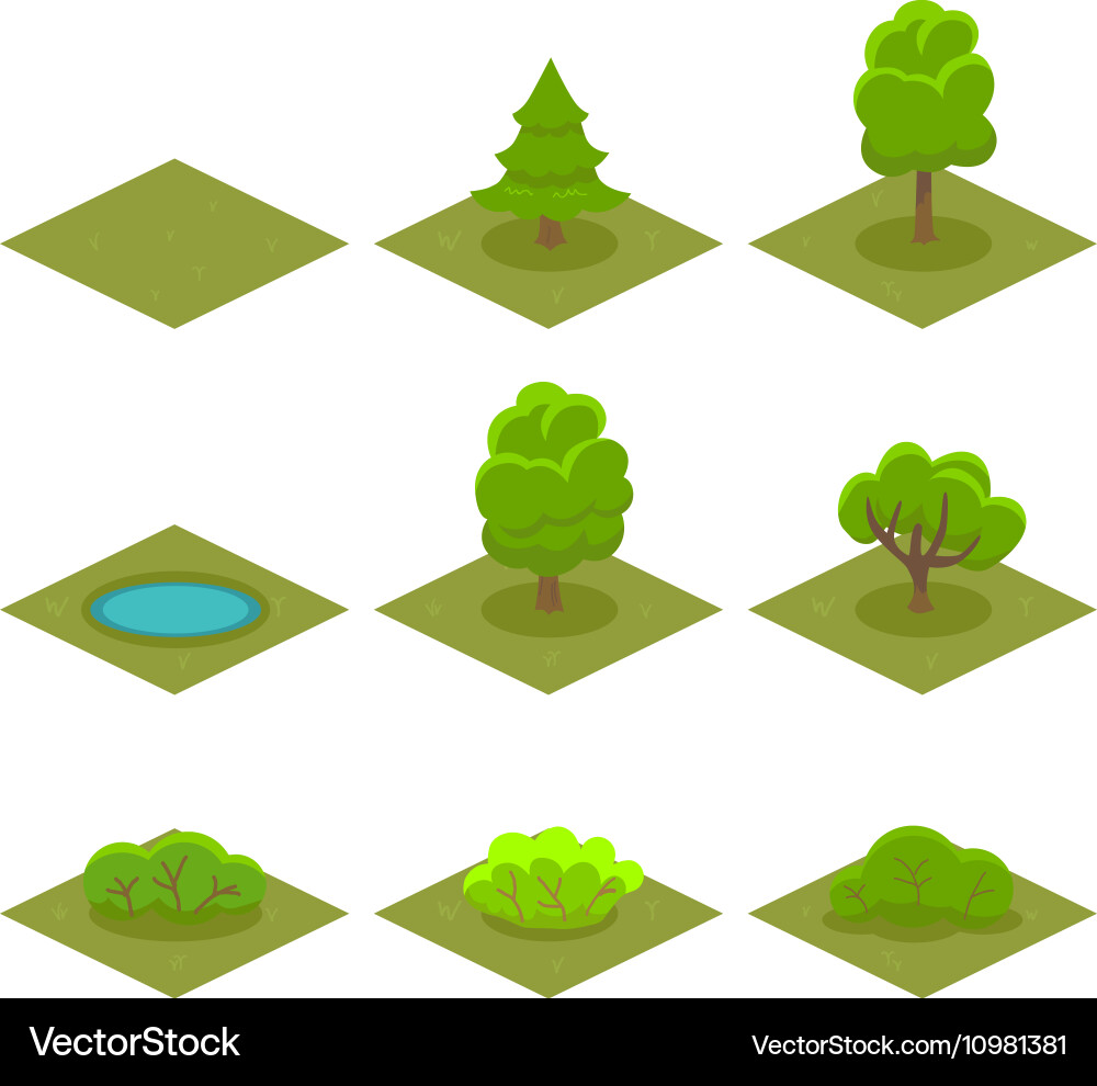 Set of trees and bushes isometric style for game vector image