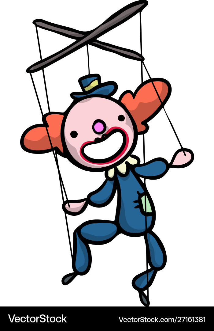 Smiling red haired clown puppet with strings Smiling red haired clown puppet with strings vector image