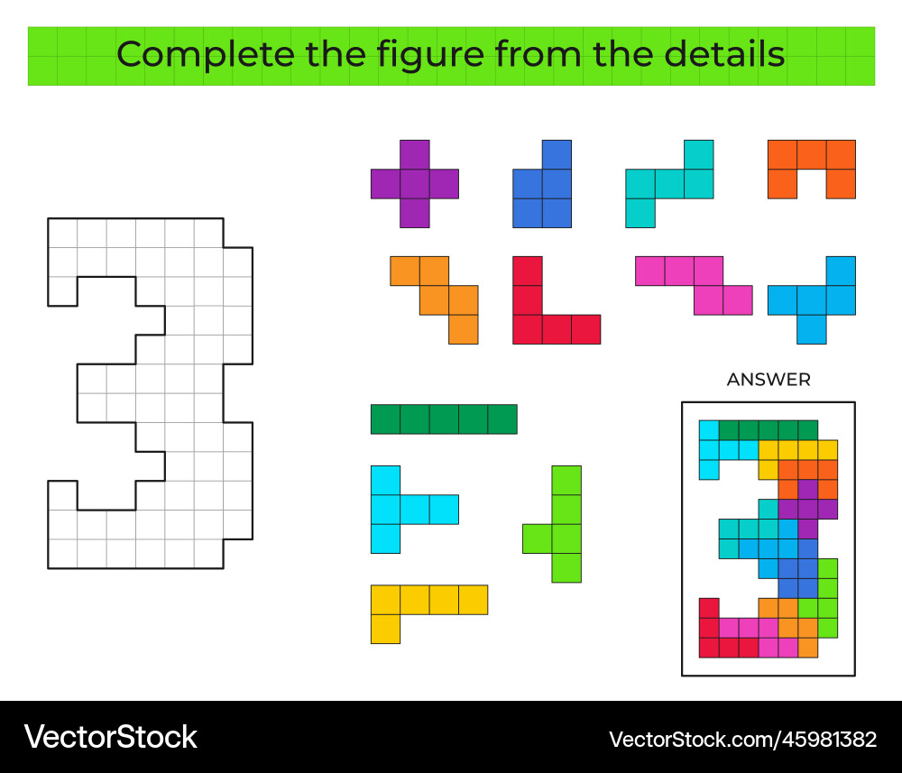 Complete the figure puzzle game with number 3 Complete the figure puzzle game with number 3 Vector Image