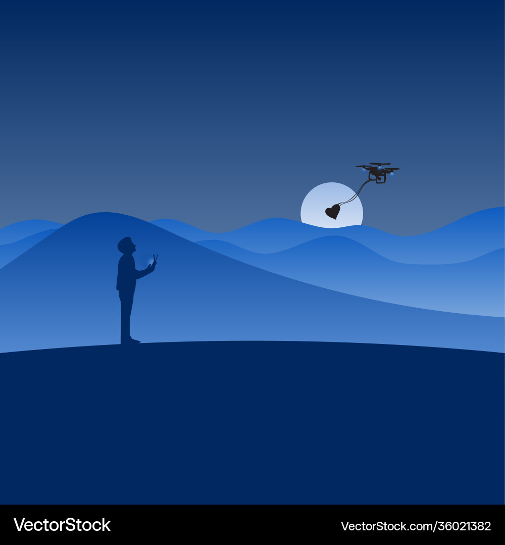Man using drone to send heart shape his lover Man using drone to send heart shape his lover vector image