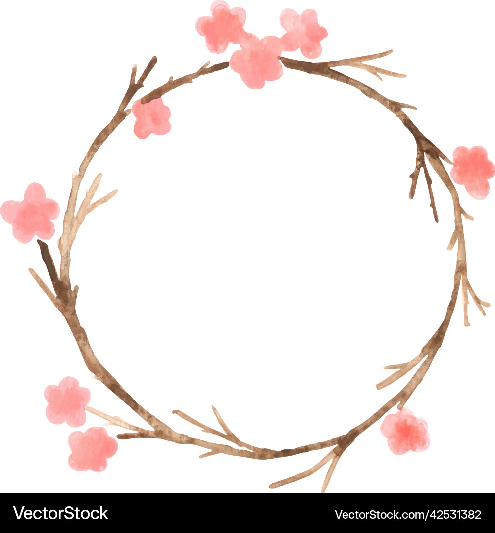 Pink flower on branch wreath watercolor Vector Image