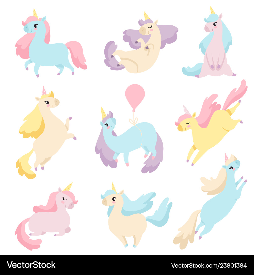 Collection of lovely unicorns cute magic fantasy Collection of lovely unicorns cute magic fantasy vector image