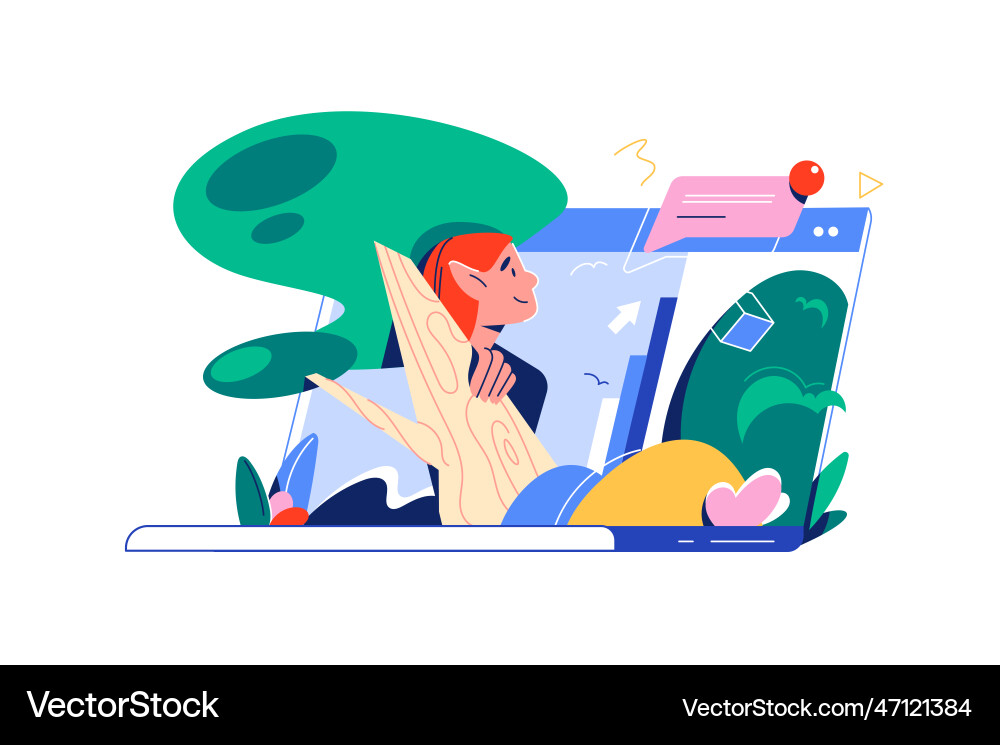Elf hiding by tree looking on notification vector image