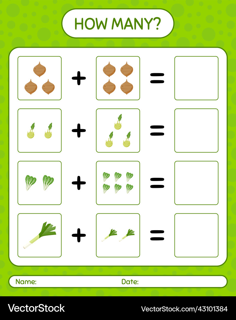 How many counting game with vegetables worksheet How many counting game with vegetables worksheet Vector Image