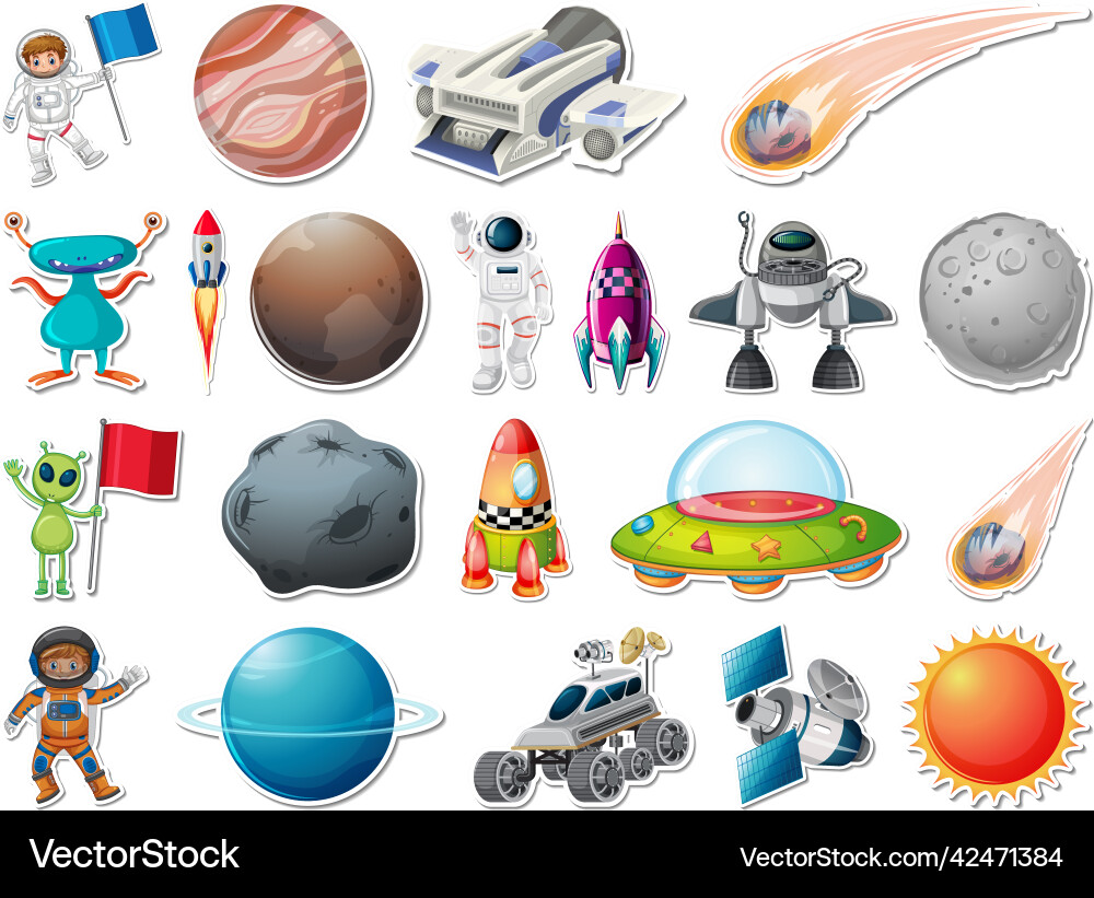 Sticker set of outer space objects and astronauts Sticker set of outer space objects and astronauts Vector Image