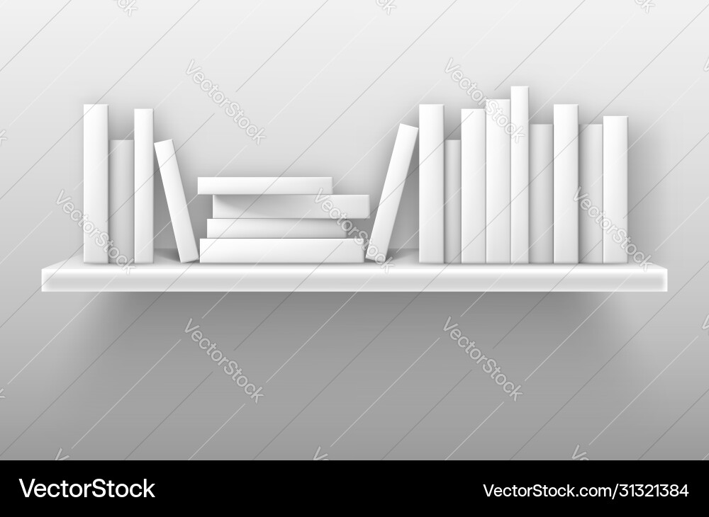 White bookshelf mockup books on shelf in library White bookshelf mockup books on shelf in library vector image