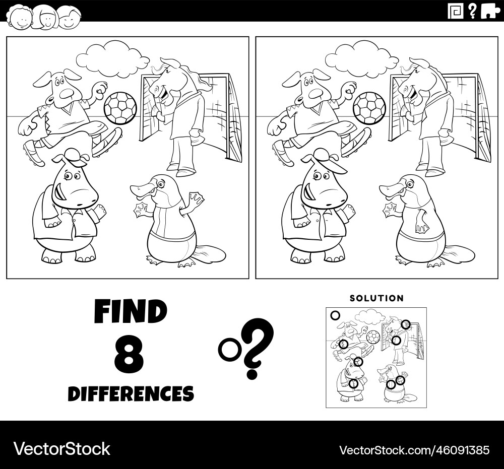 Differences task with animals playing soccer Differences task with animals playing soccer Vector Image
