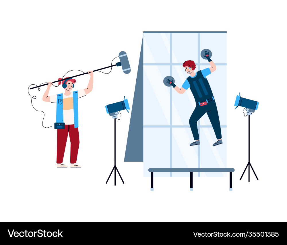 Filmmaking process with actor and sound engineer Vector Image