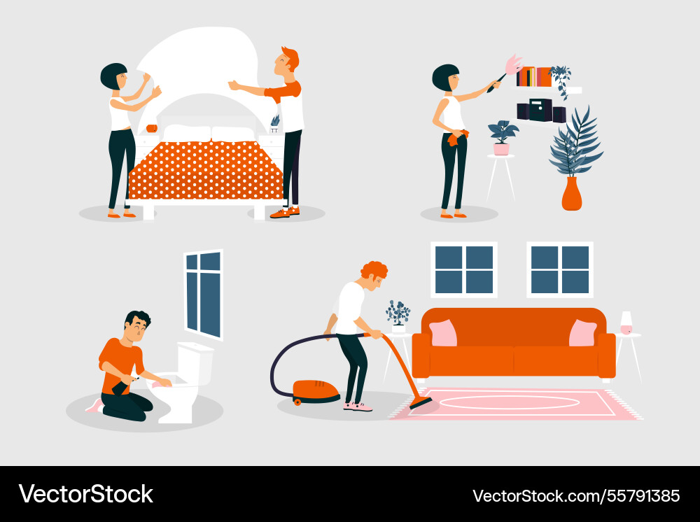 Flat design characters arranging and cleaning Vector Image
