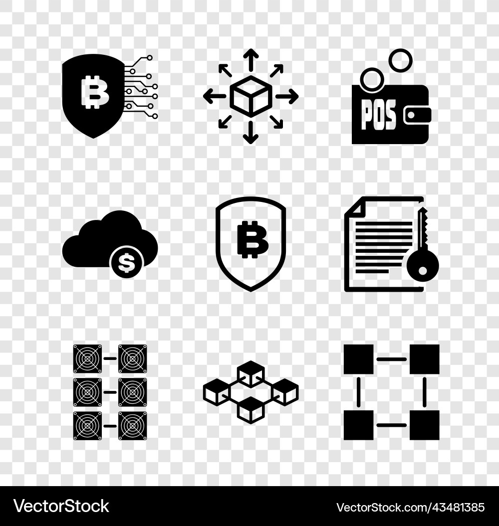 Set shield with bitcoin distribution proof Set shield with bitcoin distribution proof vector image